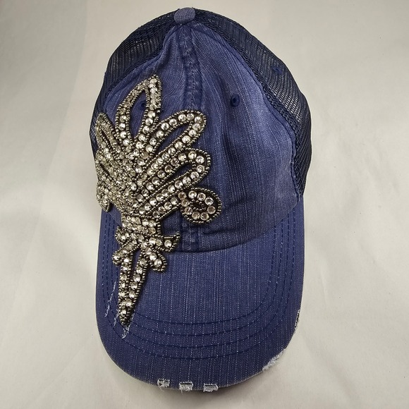 Sparkling Fleur de Lis Distressed Denim Trucker Hat Blue Mesh Adjustable - Picture 6 of 12